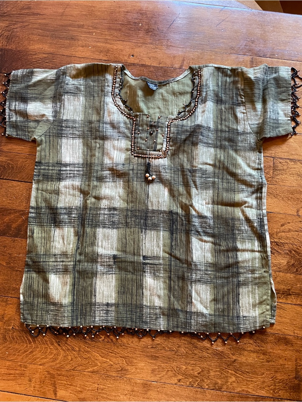 Olive Green Plaid Beaded Short Sleeve Top